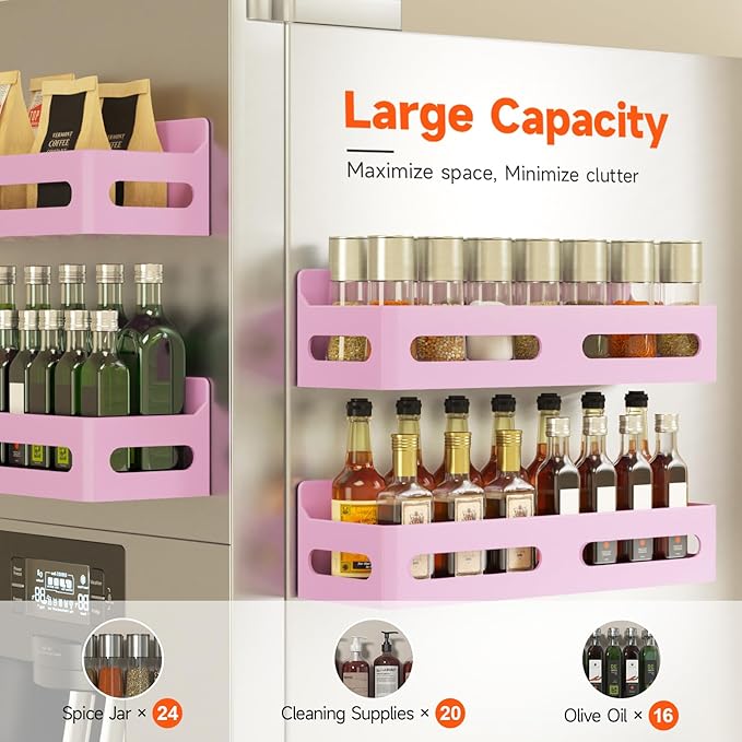 4 Pack Strong Magnetic Spice Rack for Refrigerator, Multipurpose Magnetic Shelf for Fridge with 4 Hooks for kitchen and Bathroom Organization, Pink