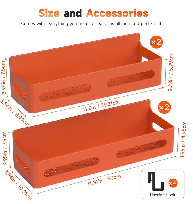 4 Pack Strong Magnetic Spice Rack for Refrigerator, Multipurpose Magnetic Shelf for Fridge with 4 Hooks for kitchen and Bathroom Organization, Orange