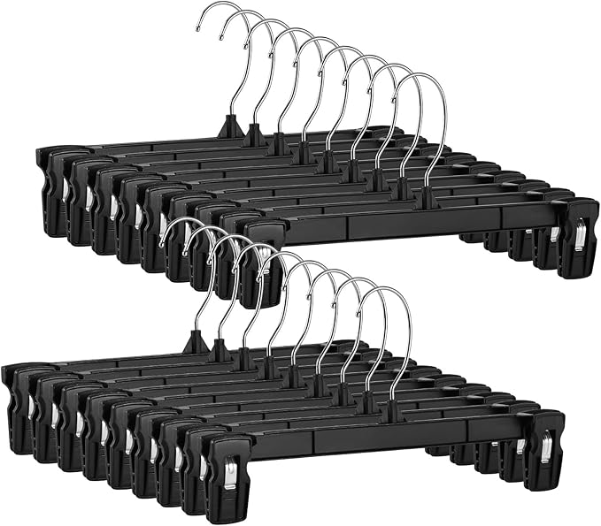 Smartor Space Saving Skirt Hangers - 150 Pack, Slim Plastic Pants and Shorts Hangers, Ridged Non-Slip with Pinch Clips, Black Clip Hanger for Women, 360-Rotating Chrome Swivel Hook, 14 Inches