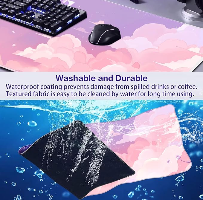 Cute Anime Cloud Desk Mat, Beautiful Pink Stitching Edge Non Slip Rubber Mouse