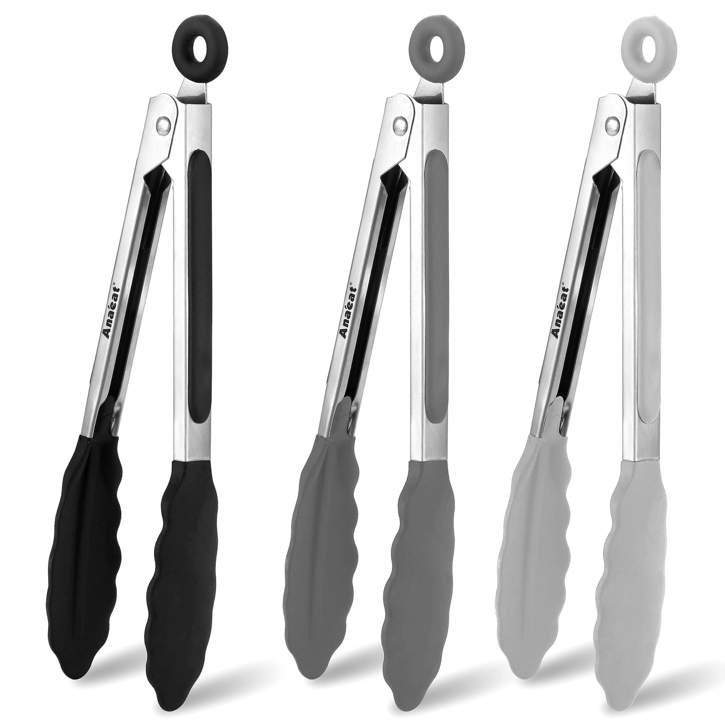 Anaeat Non-Stick Silicone Locking Tong Set of 2 - Stainless Steel 9" and 12" Kitchen Food Tongs with Non-Slip Silicone Tips and Grip for Cooking, Baking and BBQ - Heavy Duty & Heat Resistant (Black)
