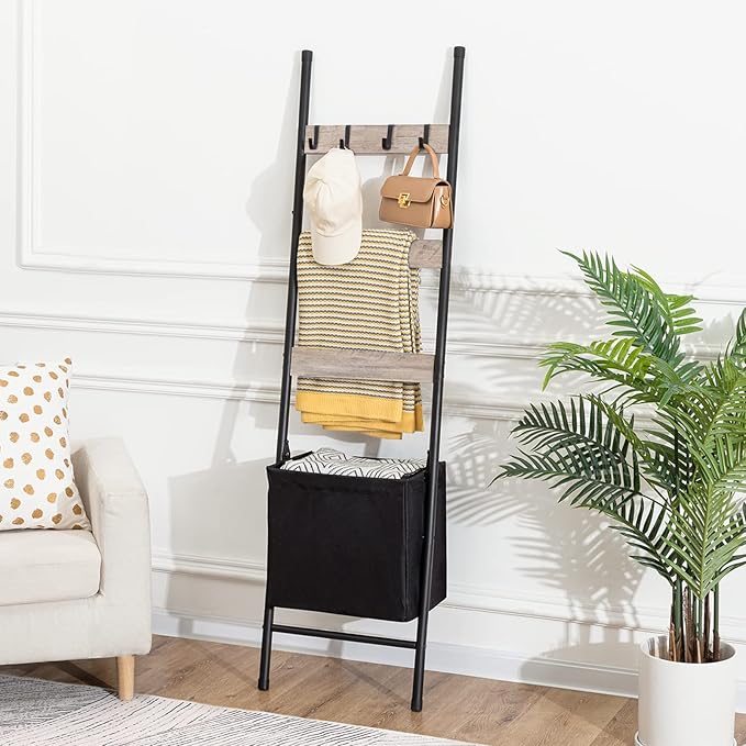 HOOBRO Blanket Ladder with Basket, 17.3”L x 63.4”H, Towel Rack with Hooks, Blanket Holder Rack, Decorative Ladder Shelf, Drying and Display Rack for Bathroom, Living Room, Greige BG31CJ01