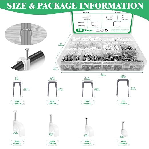 800Pcs 4mm 6mm 8mm 10mm J-Hook Ethernet Cable Nails Wire Clips