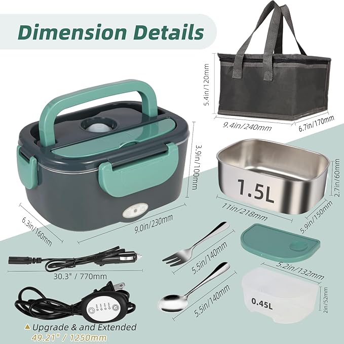 Heated Lunch Box with Heating Time Controller, Automatic Heat Preservation 110V Electric Lunch Box for Home/Office, Portable Food Warmer 12V/24V for Car/Truck with 80W Self Heating
