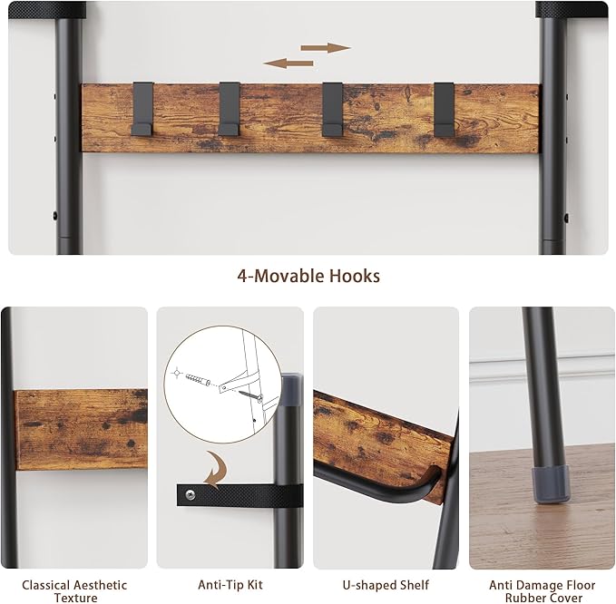 Blanket Ladder, 5-Tier Towel Holder with 2 U-shaped storage rack, Farmhouse Wall Leaning Decorative Rack Shelf, Towel Display Rack, Removable Hooks, Quilt Ladder for Living Room, Bedroom, Rustic Brown