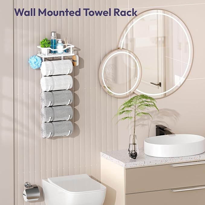 SWTYMIKI Over The Door Towel Rack - 6 Tier Towel Racks for Bathroom Wall Mounted, Towel Holder with Shelf, Hanging Rolled Towel Storage Organizer for Small Bathroom, Camper, RV, White