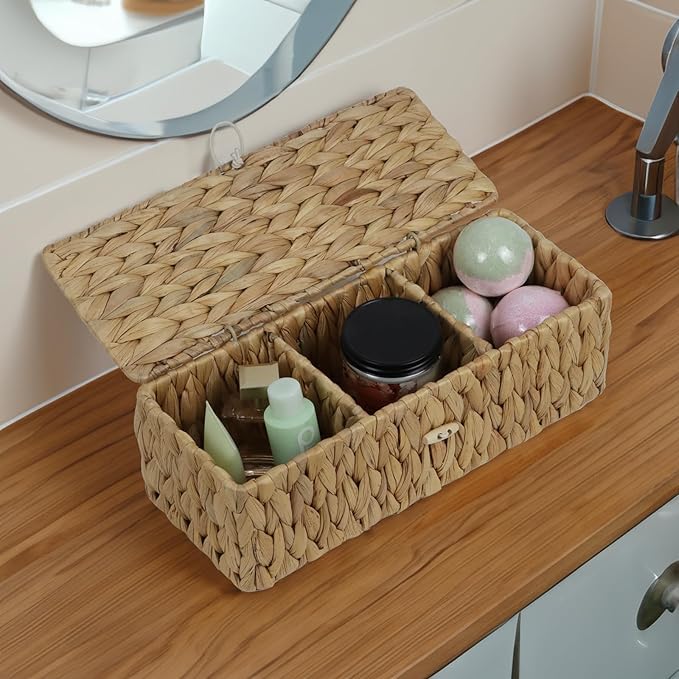 Water Hyacinth Storage Basket with Lid, Rectangular Tank Woven Wicker Baskets with Sections, Decorative Box for Snack Toys Bathroom (Water Hyacinth)