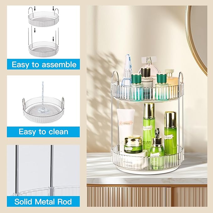 360 Rotating Makeup Organizer, 2 Tier Lazy Susan Bathroom Counter Organizer, Skincare Organizers, Spinning Perfume Organizer & Vanity Organizer Countertop (Silver Clear, 2 Tier)