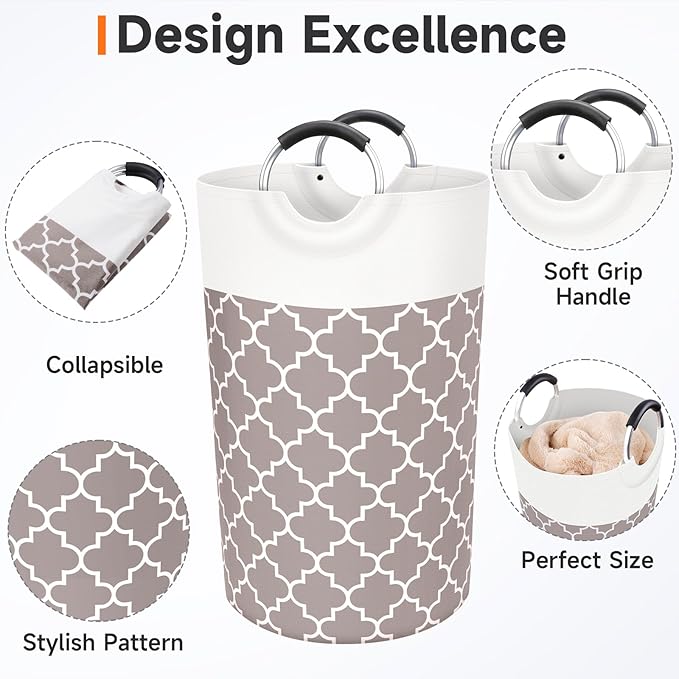 Large Laundry Basket Laundry Hamper Bag Washing Bin Clothes Bag Collapsible Tall with Handles Waterproof Travel Bathroom College Essentials Storage for College Dorm, Family (Khaki) 82L