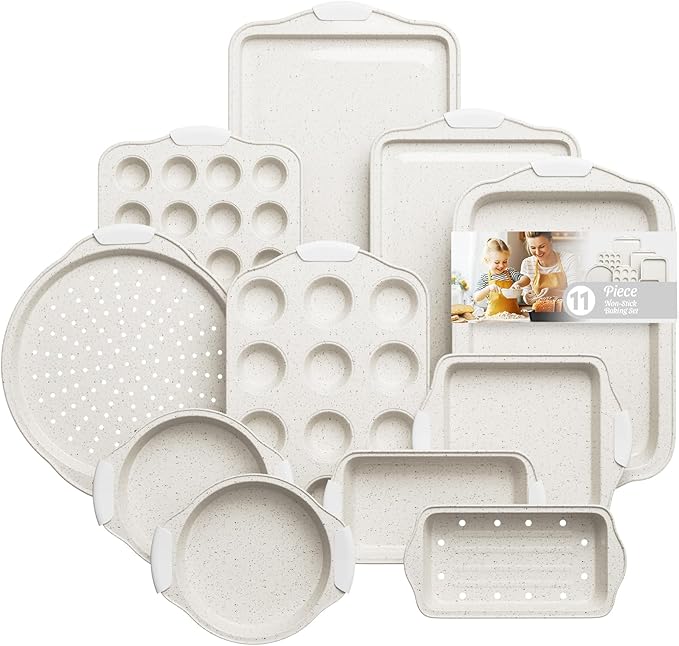 11-Piece Kitchen Nonstick Stackable Bakeware Set, Baking Pans Set, White