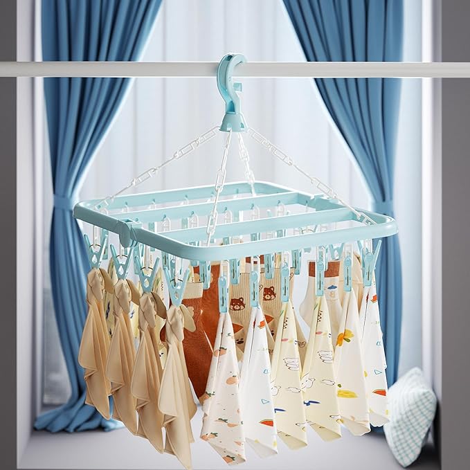 Clothes Drying Rack with 32 Clips, Foldable Hanging Rack, 360° Rotatable Hook for Drying Socks Baby Clothes Towels Gloves(Light Pink)