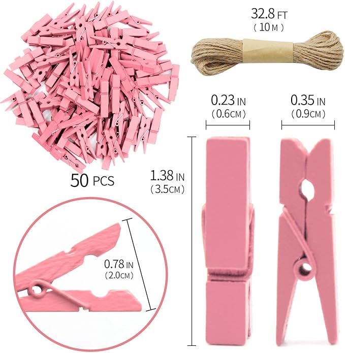 1.35 Inch Mini Clothes Pins for Photo100 Pcs with 32 Feet Jute Twine, Mini Clothes Pins for Crafts, Wooden Small Clothespins for Pictures, Tiny Decorative Clothespins for Baby Shower (Pink)