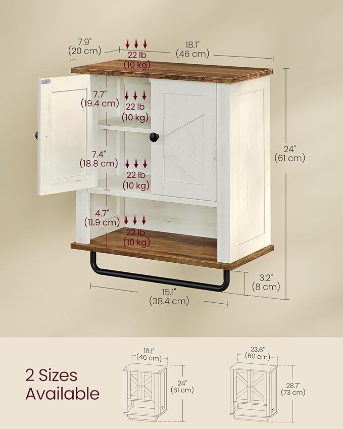 VASAGLE LIRY Collection - Bathroom Wall Cabinet, Farmhouse Wall-Mounted Medicine Storage Cabinet with 2 Barn Doors, Adjustable Shelf, Towel Bar, 7.9 x 18.1 x 24 Inches, Rustic White UBBK132W01S
