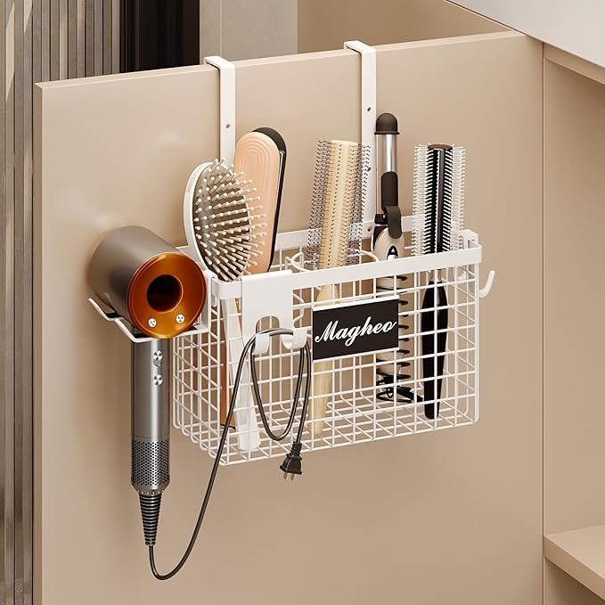 Hair Dryer Holder Cabinet Door 3-in-1 Adhesive Hair Tool Organizer Wall Mounted Adjustable Height Blow Dryer Holder Under Sink Bathroom Hair Appliance Organizer and Storage Countertop(White)
