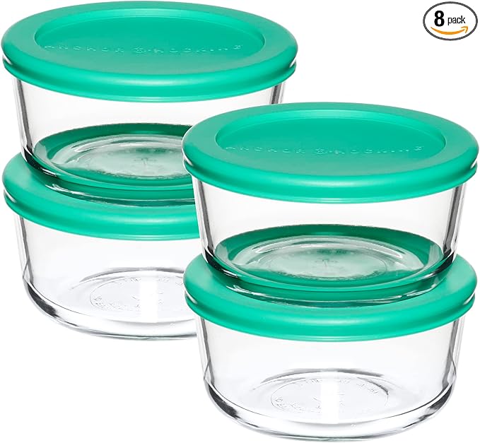 Anchor Hocking 2 Cup Glass Storage Containers with Lids, Set of 4 Glass Food Storage Containers with Mint SnugFit Lids