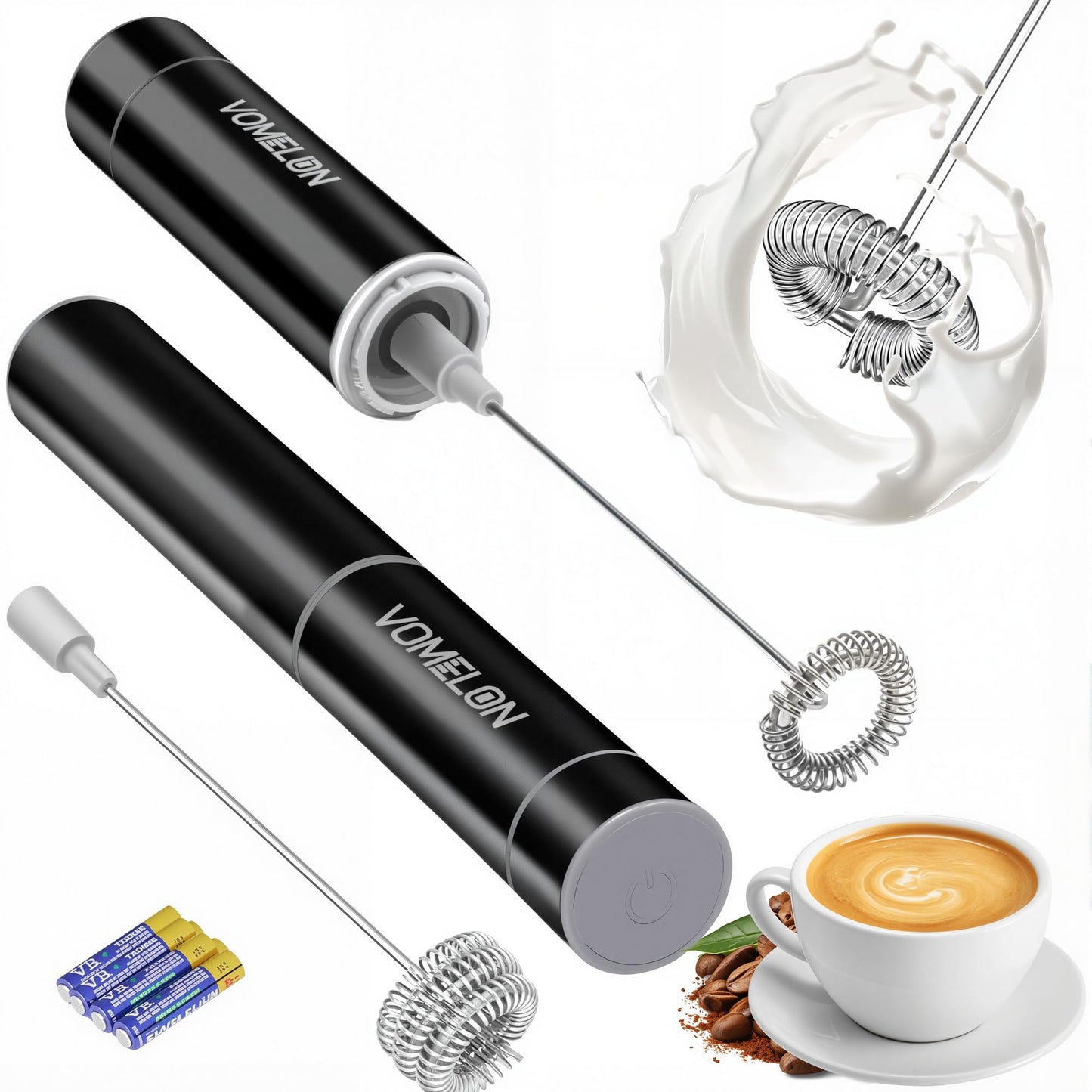 Electric Milk Frother Handheld,Travel Coffee Drink Mixer Batteries Included, 304 Stainless Steel Whisk for latte Cappuccino,Bulletproof Coffee Hot Chocolate,Egg White