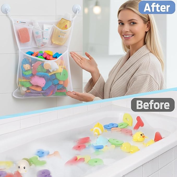 Bath Toy Holder 14x20 Inch, Mesh Bathtub Toy Storage Basket, Kids Bath Net, Tub Holder Bag, Toddler Shower Caddy Hanging Bucket Bin, Baby Bathroom Organizer with 2 Suction Cups, 2 Adhesive Wall Hooks