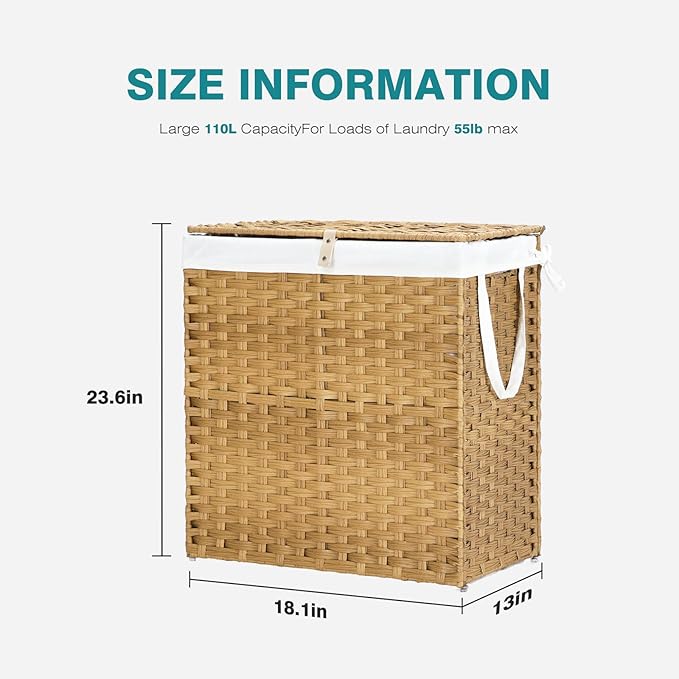 DUMOS Wicker Laundry Basket with Lid, 29.6 Gallon (112L) Woven Laundry Hamper with Handles, Foldable Rattan Clothes Hamper with Removable Liner & Sturdy Steel Frame, Goose Yellow