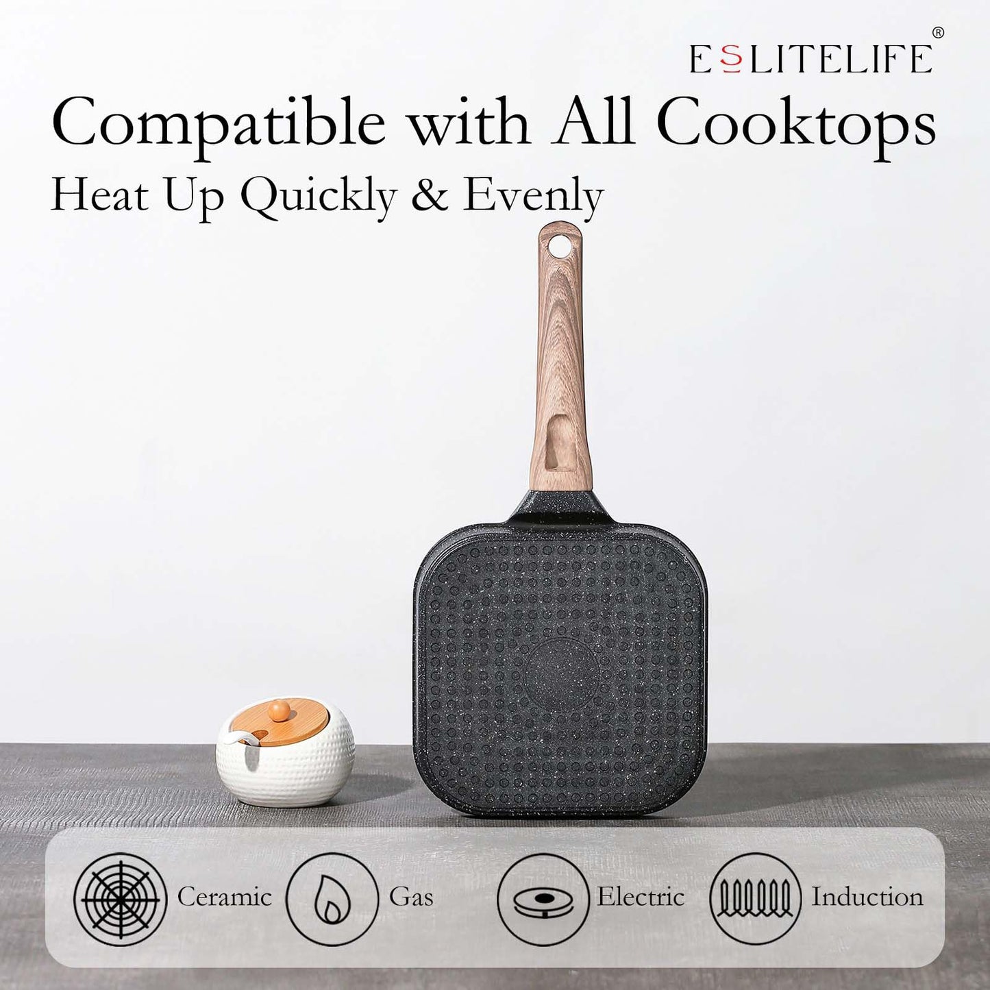 ESLITE LIFE Nonstick Grill Pan for Stove Tops, Versatile Griddle with Pour Spouts, 9.5 Inch Square Big Grilling Skillet Steak Pan for Indoor & Outdoor Cooking, PTFE & PFOA Free, Black