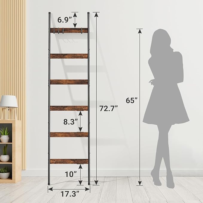 ELYKEN Blanket Ladder for Living Room, Farmhouse 6-Tier Quilt Holder with 4 Removable Hooks for Bathroom, Wood Towel Rack Display, Wall Anchor Leaning Decorative Stand for Home, Rustic Brown