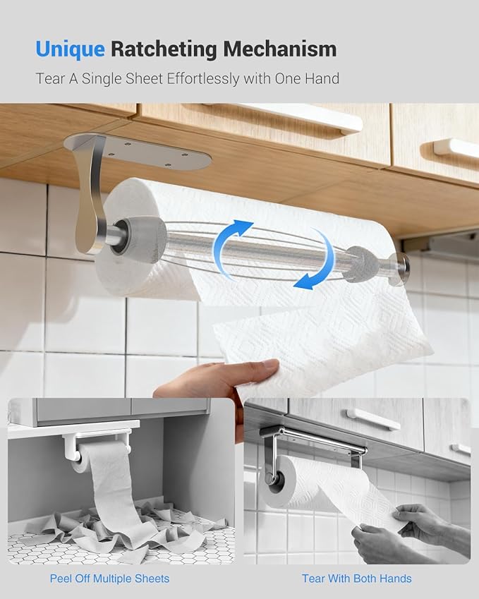 Paper Towel Holder Under Cabinet, One-Handed Tear, Wall Mount, Adhesive, Silver, Paper Roll Holder with Ratchet Mechanism for Kitchen Bathroom Farmhouse Essentials Decor Accessories