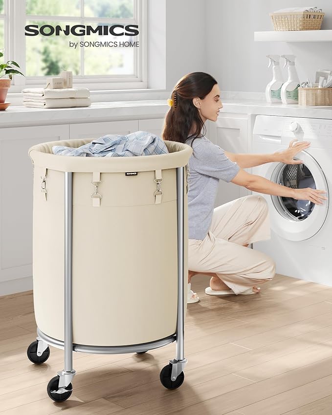 SONGMICS 29-Gallon (110 L) Laundry Basket with Wheels, Rolling Round Heavy-Duty Laundry Hamper Cart with Steel Frame and Removable Bag, 2 Locking Wheels, Cream White and Metallic Silver URLS002W01