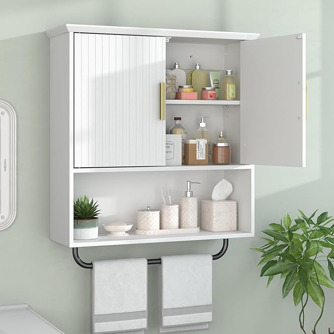 Bathroom Wall Cabinet with Towel Bar, 2 Doors & Adjustable Shelves - Space Saving Wood Wall Mounted Medicine Cabinet Storage Organizer for Bathroom, Laundry, Kitchen, Living Room (White)
