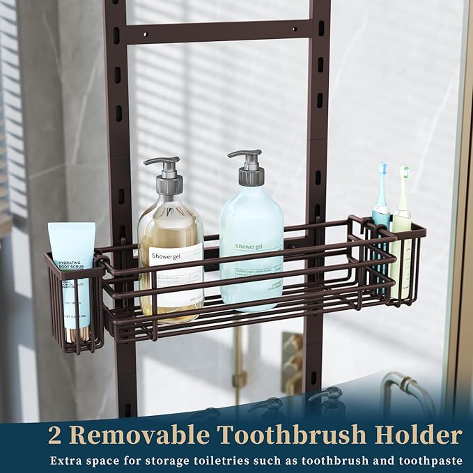 Consumest Over The Door Shower Caddy - 5 Tier Adjustable Shower Organizer Hanging with 2 Toothbrush Holders & 4 Hooks, Rustproof Organizer Shelf, Storage Rack for Bathroom, Bronze