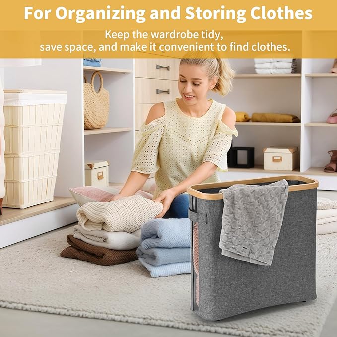 32L Bathroom Toilet Paper Storage Basket with Lid and Handle - Mega Capacity， Bamboo Collapsible Toilet Paper Holder Storage with Non-Slip Bottom, Extra Toilet Roll Storage, Elegant Gray，1 Pack