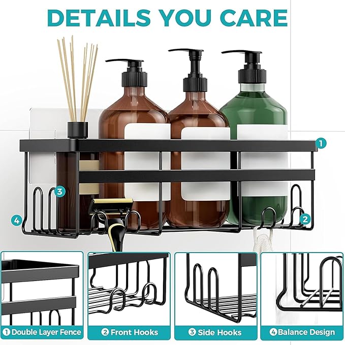HomeHacks Shower Caddy, No Drilling Rustproof Organizer with Save Space Hooks, Apartment Essentials for Bathroom, Kitchen & Living Room, Shelf for Inside Shower, 2-Pack