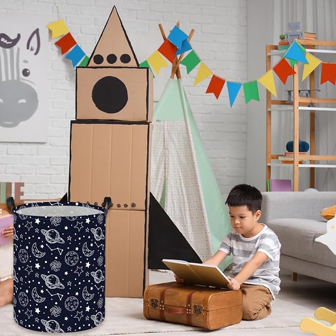 Kids Laundry Basket Space Hamper for Nursery Star Hamper Cute Kids Storage Bin Organizer Room Decor for Home(Starlit sky)
