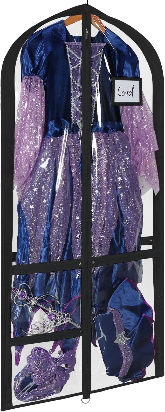 Univivi Clear PVC Dance Costume Bag, 50 Inch Garment Bag for Competitions With 3 Separated Medium Zipper Pockets and 1 Large Back Zippered Pocket (Clear/Black)