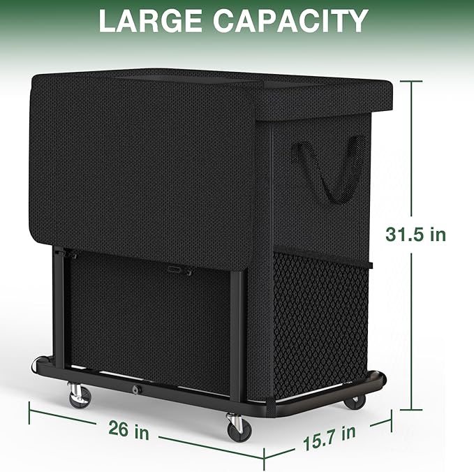 50 Gal(190L) High Grade Large Laundry Basket with Wheels, Rolling Laundry Hamper, Laundry Cart with Metal Frame and Removable Bag Design, Suitable for Laundry Room, Bedroom (Black, 2 Section 190L)