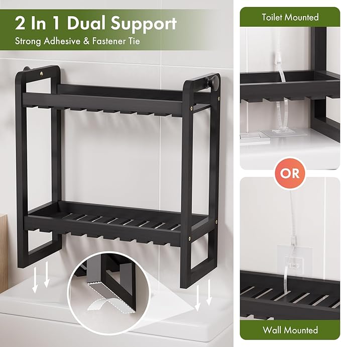 AmazerBath Bamboo Over The Toilet Storage Shelf - 2-Tier Bathroom Organizers and Storage Shelves, 2 in 1 Dual Stable Above Over Toilet Bathrooms Shelf Home Storages Rack for Small Bathroom, Black