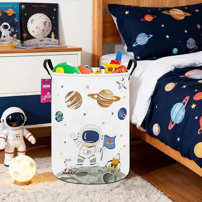 Laundry Hamper Large Canvas Fabric Lightweight Storage Basket/Toy Organizer/Dirty Clothes Collapsible Waterproof for College Dorms, Boys and Girls Bedroom,Bathroom(Space astronaut)