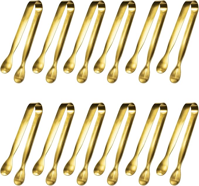 JCREN 12 Pack Mini Tongs - Small Stainless Steel Food Tongs for Serving Appetizers, Tea Party, Coffee, Desserts - 5 inch - Gold