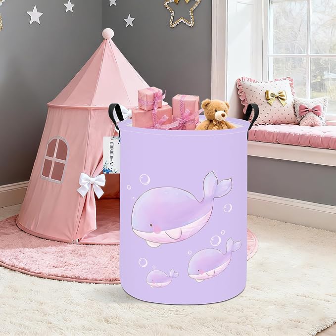 Round Foldable Girls' Storage Basket Kids Laundry Hamper Purple Gift Basket Suitable For Home Decoration and Toy Storage(Purple Whale)