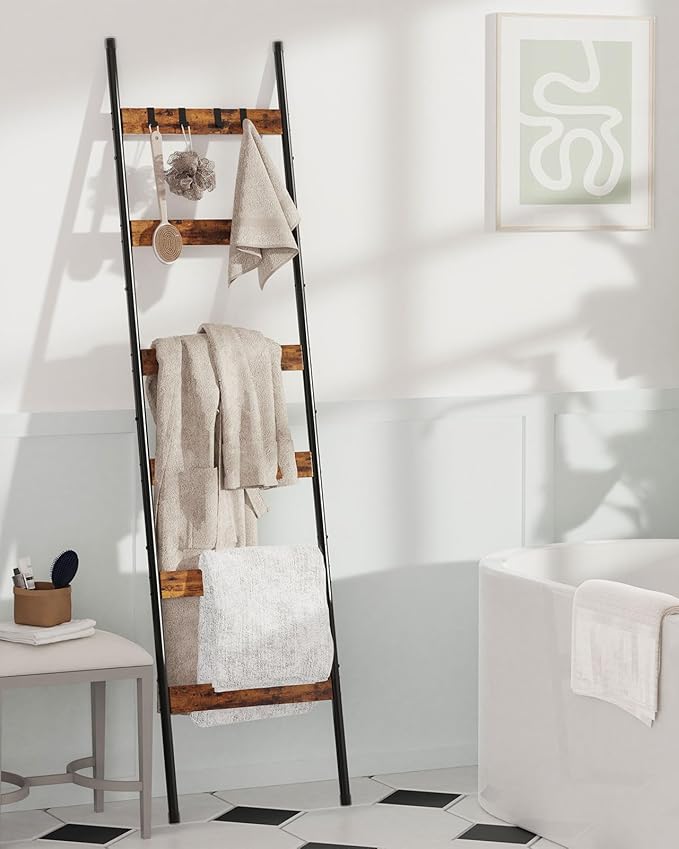 Blanket Ladder, 6-Tier Towel Holder with 4 Removable Hooks, Farmhouse Wall Leaning Decorative Rack Shelf, Wooden Towel Display Rack, Quilt Ladder for Living Room, Bedroom, Rustic Brown