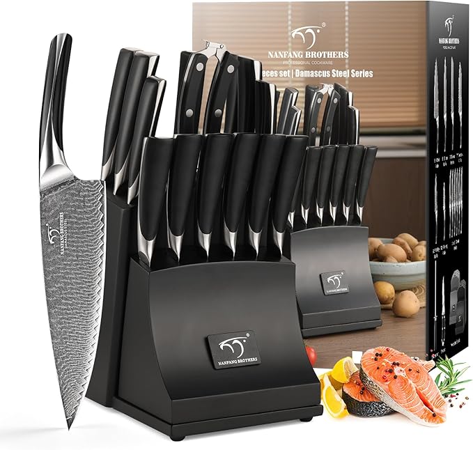 NANFANG BROTHERS 15-Pc Damascus Knife Set VG10 Steel Block