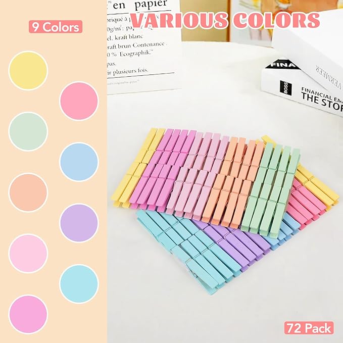 Colored Clothes Pins 72 Pack, Natural Wood 2.9 Inch, 9 Pastel Colors Cheer Pins for Hanging Clothes, Clothespins, Photo Clips with Rope, Hand Craft DIY Pins