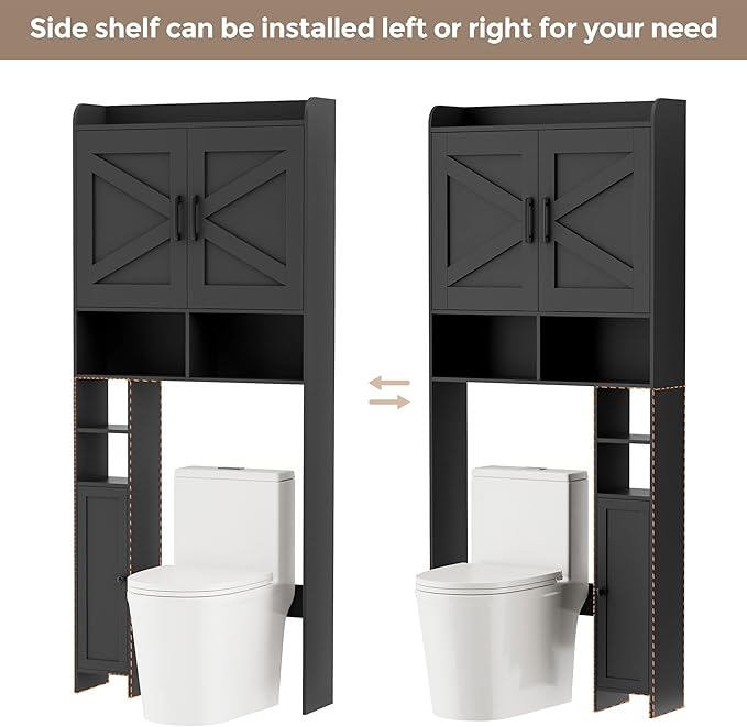 Homhedy Over The Toilet Storage Cabinet with 2 Barn Door and Toilet Paper Holder Stand, FreeStanding Toilet Shelf Space Saver, for Bathroom, Restroom, Laundry, Black