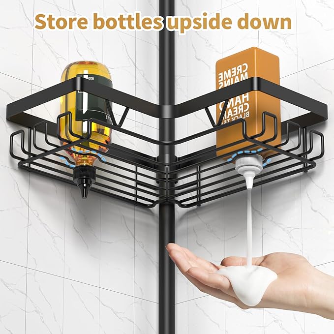 Corner Shower Caddy + 2 Soap Holders, 4 Tier Shower Caddy Tension Pole Stainless Steel Black, Extends 25-114.2 Inches, for Bathroom Organizers and Storage, Renter-Friendly and Gift Idea
