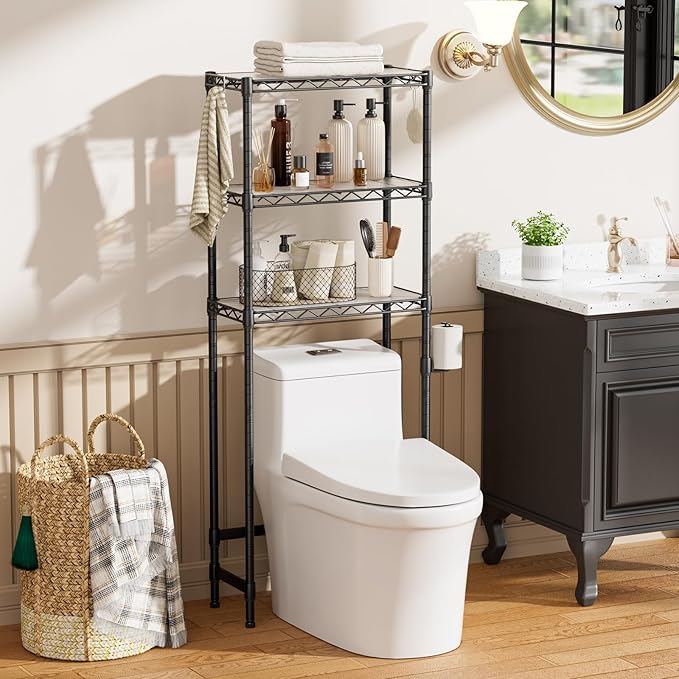 SINGAYE Over The Toilet Storage Shelf：3-Tier Bathroom Organizer and Storage Shelf with Adjustable Shelf and Basket Freestanding Space Saver Above Toilet for Room Black