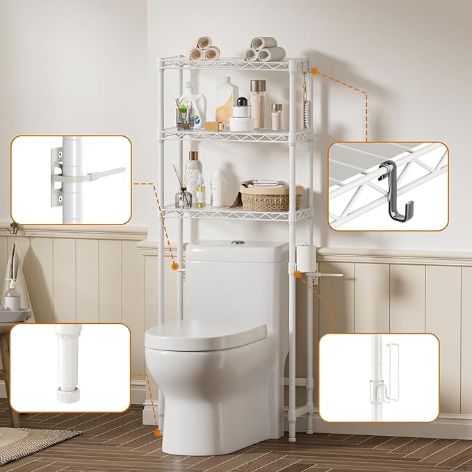 Over The Toilet Shelf,3-Tier Adjustable Freestanding Metal Bathroom Organizer Shelves with Toilet Paper Holder & Hooks,Space-Saving for Narrow Small Bathroom,10”D x 24”W x 66”H,White