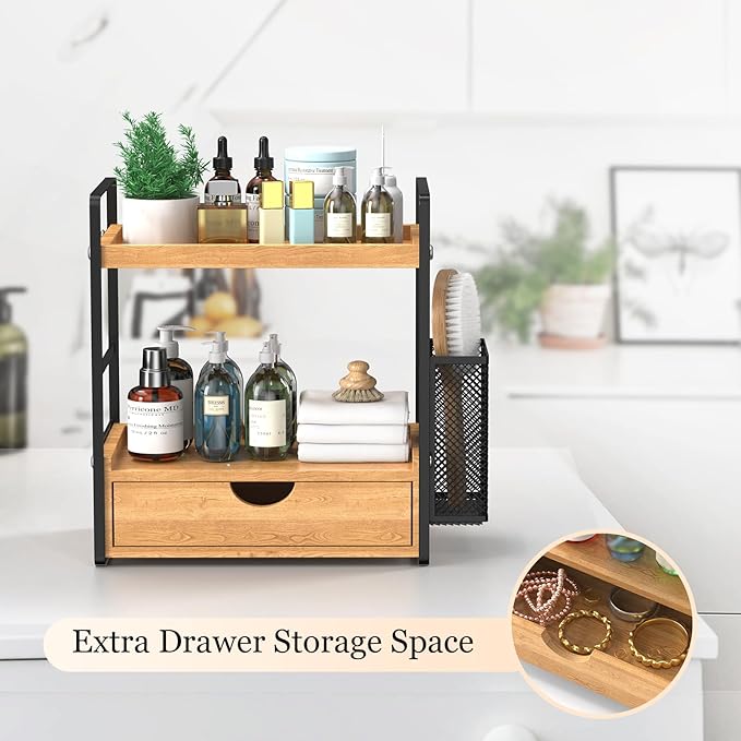 LEMIKKLE 2-Tier Bathroom Organizer with Drawers and Baskets, Multi-Purpose Makeup Organizer Countertop, Large Skincare Organizers, Exquisite Vanity Organizer,Wood