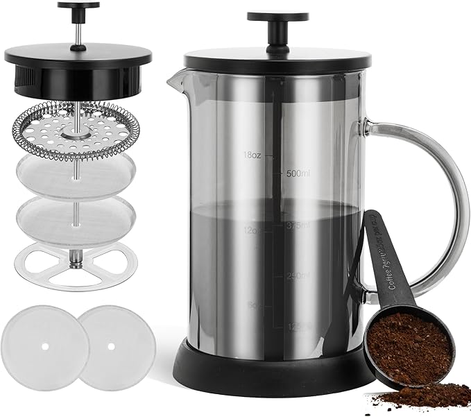 YMMIND 34 Ounce French Press Coffee Maker, 5-Cup Espresso Coffee Maker, Grey Cold Brew Heat Resistant Thickened Borosilicate Coffee Pot with 4 Stainless Steel Filter Screens