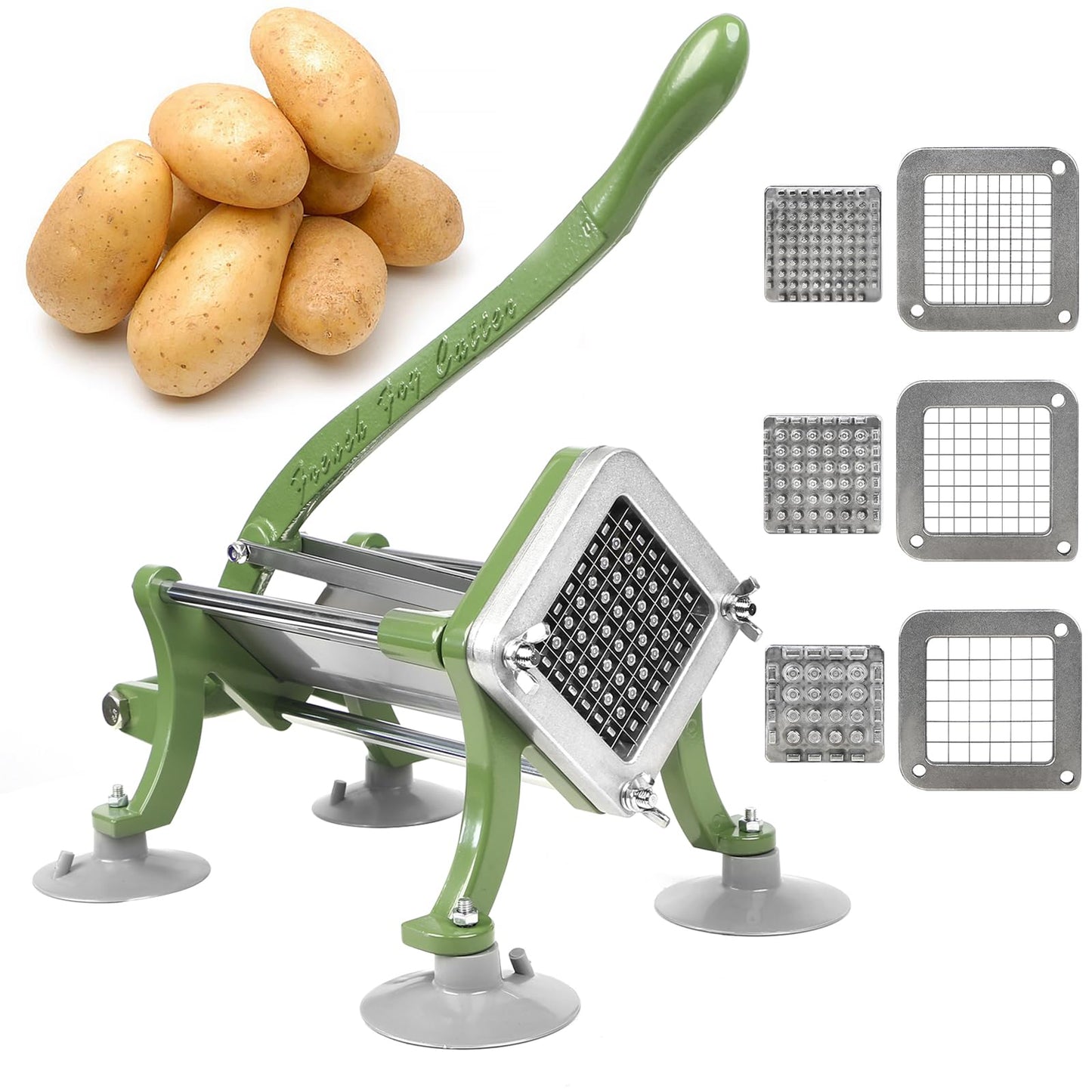 SHSYCER Commercial French Fry Cutter, Heavy Duty Potato Slicer with 3 Stainless Steel Blades 1/4", 3/8", 1/2", Cast Iron Handle, Suction Feet, Manual Vegetable Chopper for Restaurant and Home