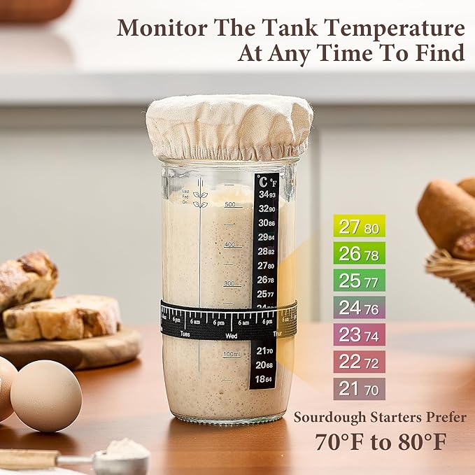 Glass Sourdough Starter Jar 2 Pack, 24 oz Wide Mouth Organic Sourdough Starter Kit with Date Marked Band, Thermometer, Cloth Cover & Metal Lid, Reusable Bread Baking Supplies, Bread Making Accessories