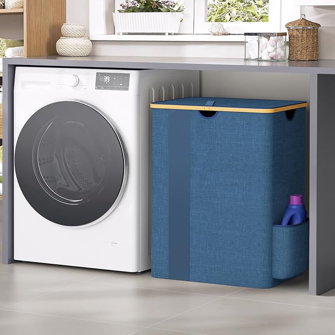 BlissTotes Laundry Basket with Lid, 150L Clothes Laundry Hamper with Handles and 2 Removable Laundry Bag, Breathable Design Hamper with Lid for Bedroom, Bathroom, Dorm, Laundry Room - Light Blue