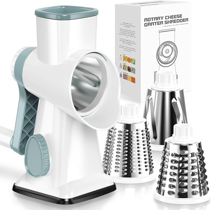 Badelite Cheese Grater Vegetable Cheese Shredder Slicer Grater for Kitchen 3 Changeable Blades for Cheese Potato Zucchini Nuts Chocolate (Grey Blue)